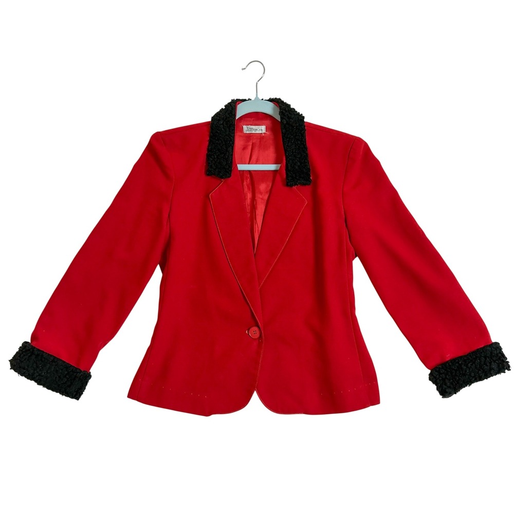Tamaron Red Wool Blend Blazer Black Faux Shearling Collar Cuffs Preppy Size 6